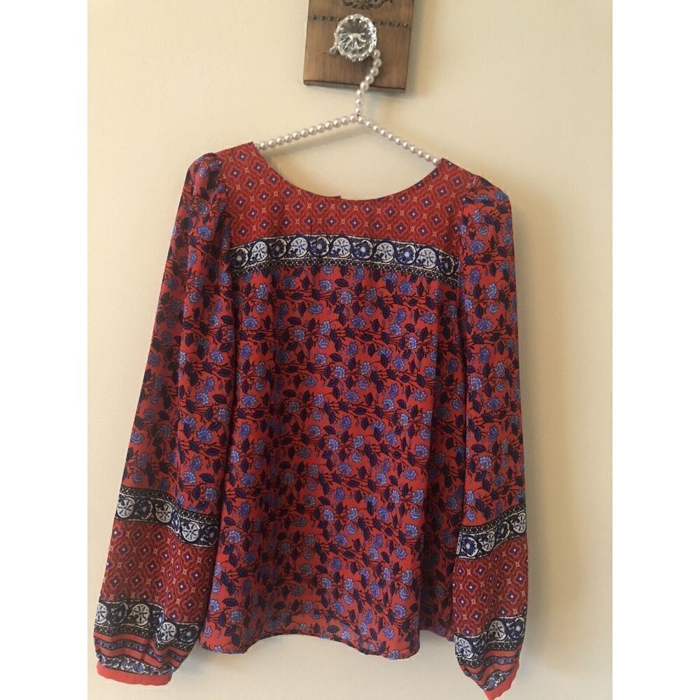LOFT Womens Size Small Red Floral Blouse Long Balloon Sleeves